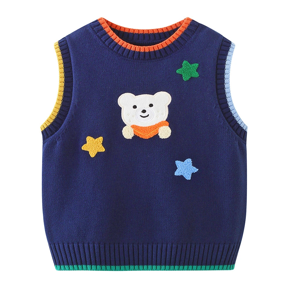 儿童毛线背心男童毛衣宝宝无袖春秋婴儿洋气套头卡通小熊绣上衣