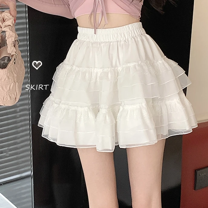 半身裙女夏季新款芭蕾风白色蛋糕短裙仙女网纱蓬蓬裙蕾丝A字裙子