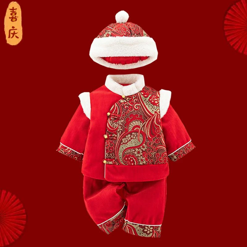 满月婴儿红棉衣套装喜庆外出红色婴幼儿秋冬0-1岁包屁衣0-3个月