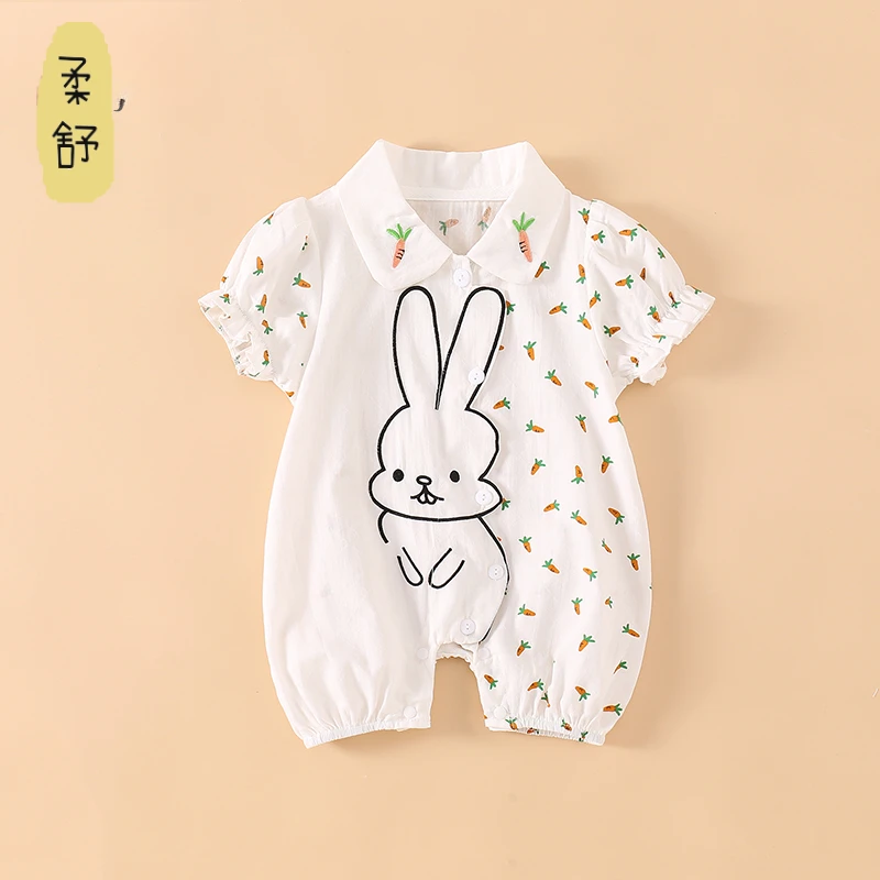 薄款婴儿衣服夏季A棉女宝宝夏装高档连体衣短袖可爱兔子哈衣爬服