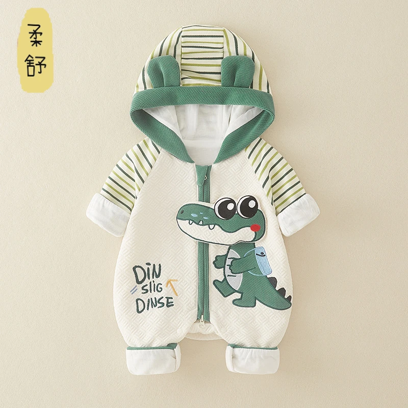 新生儿a类卡通鳄鱼棉衣婴儿连体衣男女宝宝保暖衣服爬服衣服透气