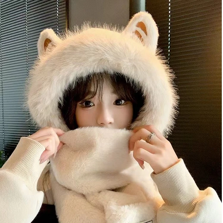 可爱毛绒耳朵帽子围巾手套一体女冬季加厚保暖骑车防寒护耳防风