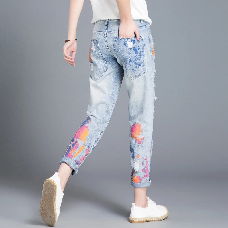 印花高腰女士牛仔裤女款裤子2025秋季新款宽松九分老爹裤破洞裤子