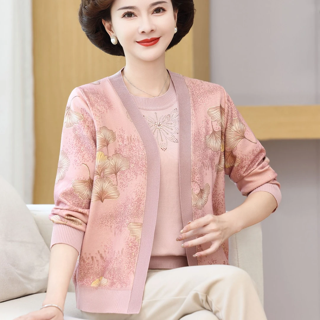 中年妈妈春秋新款上衣真件套女早春妈妈装针织开衫薄洋气外女装秋