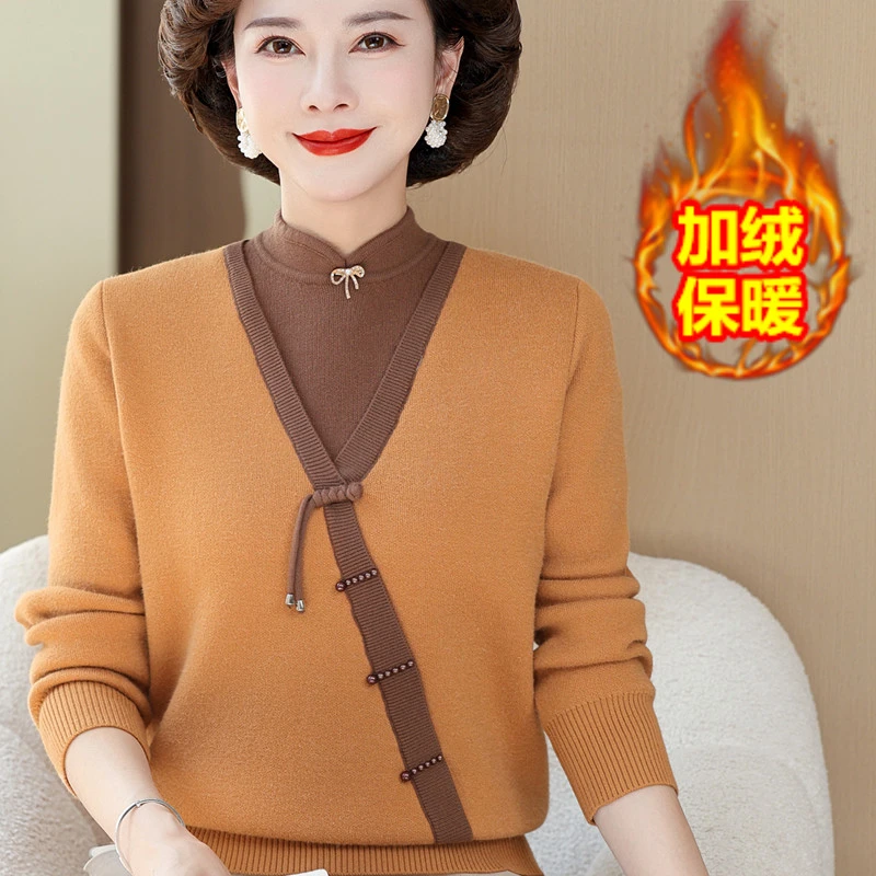 妈妈秋冬装半高领加绒加厚毛衣本命年中老年女冬季针织打底衫上衣