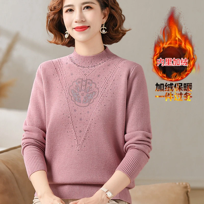 妈妈装半高领针织衫一体绒打底上衣2024秋冬新款中老年女加厚毛衣