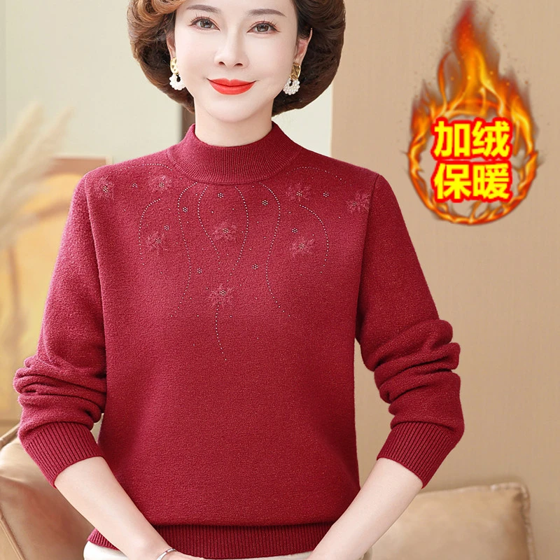 洋气妈妈装秋冬加绒加厚毛衣一体绒打底衫中老年人女内搭保暖上衣