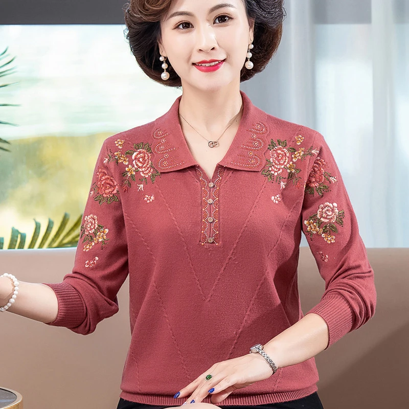 春秋新款50岁长袖打底衫中老年女装宽松翻领T恤妈妈装洋气薄上衣