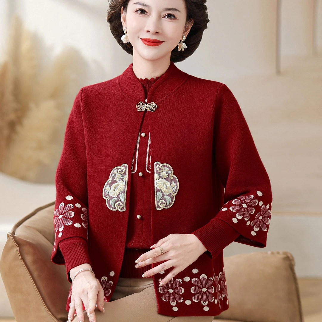 正品妈妈秋装新款国风开衫外套洋气中老年女秋冬时尚针织两件套装