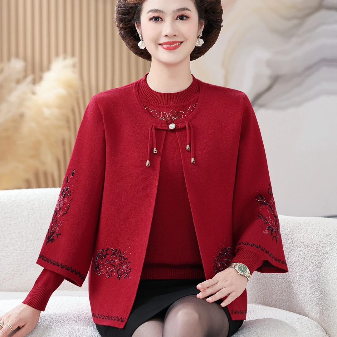 新款妈妈秋装新中式针织毛衣两件套中老年女秋冬洋气国风开衫外套
