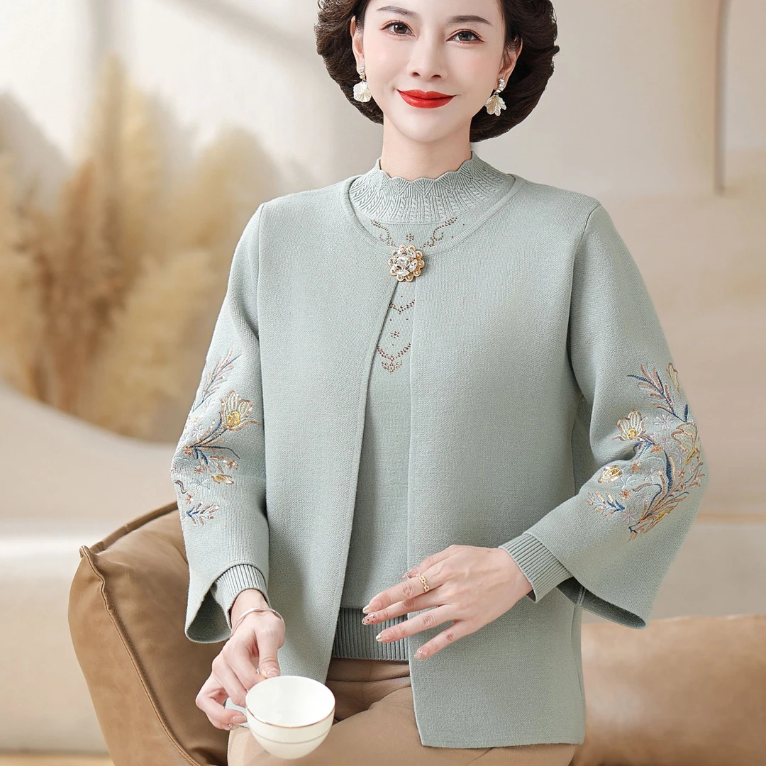 2024妈妈秋装新款国风开衫外套洋气中老年女秋冬时尚针织两件套装