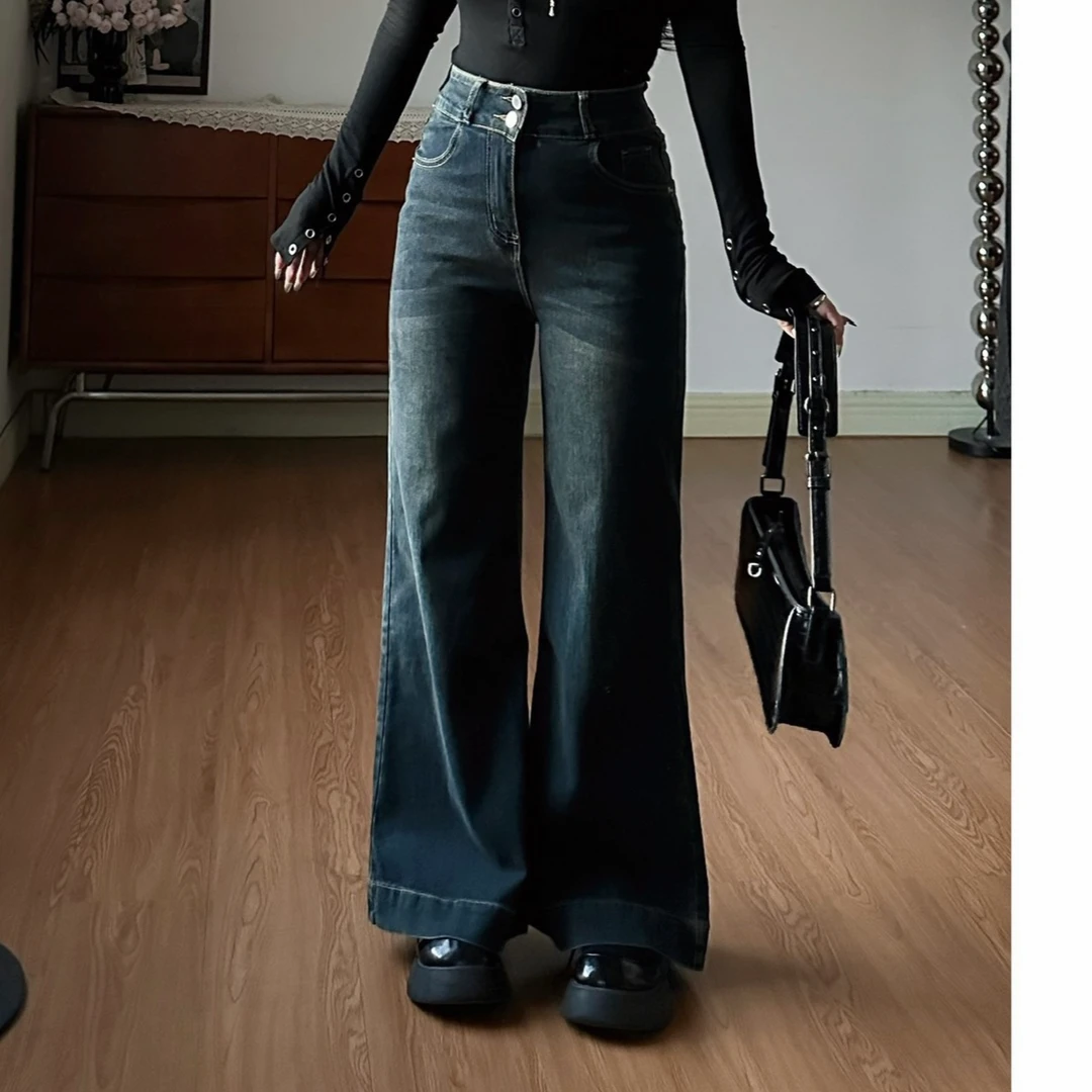 【我是号拉】复古蓝显瘦高腰阔腿裤牛仔裤长裤