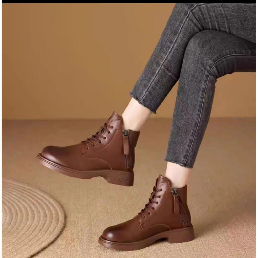 9118装柜女鞋秋冬新款百搭双拉链复古风真皮马丁靴厚底英伦风仓