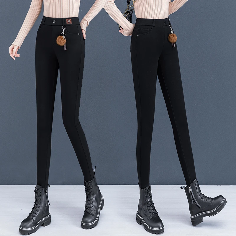 高腰黑色加绒加厚女铅笔裤2024新款时尚紧身显瘦百搭小脚打底裤