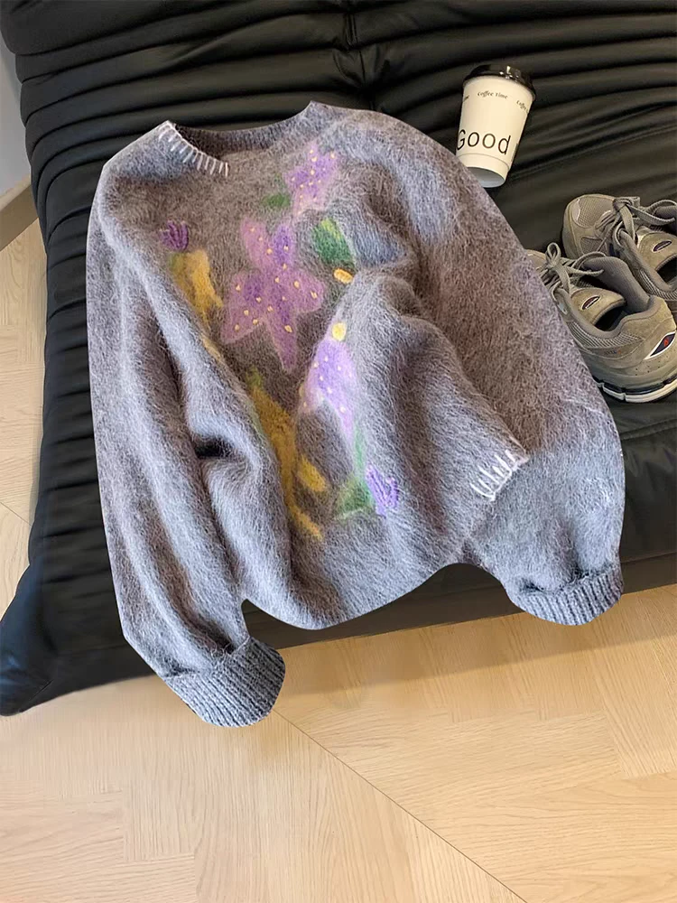 印花钉珠软糯针织衫女秋冬甜美温柔风宽松减龄毛衣潮