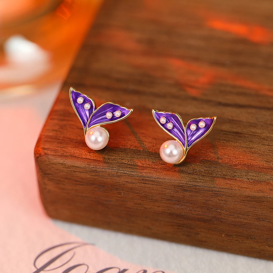 铜合金合成锆石耳饰 紫色鱼尾手工气质轻奢时尚百搭手工精致耳钉