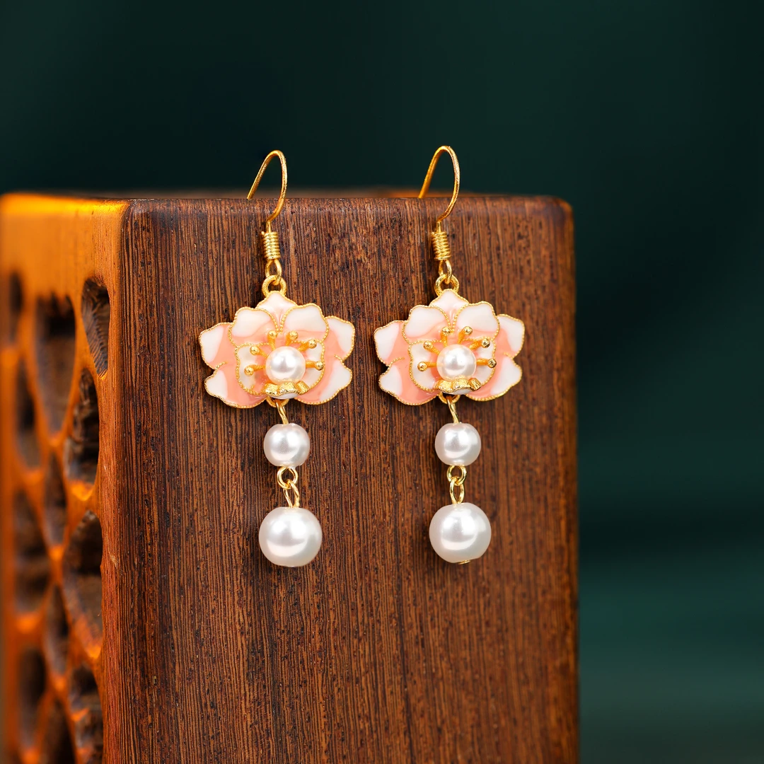 铜合金仿珍珠耳饰 牡丹花个性古风轻奢时尚气质优雅手工简约耳饰