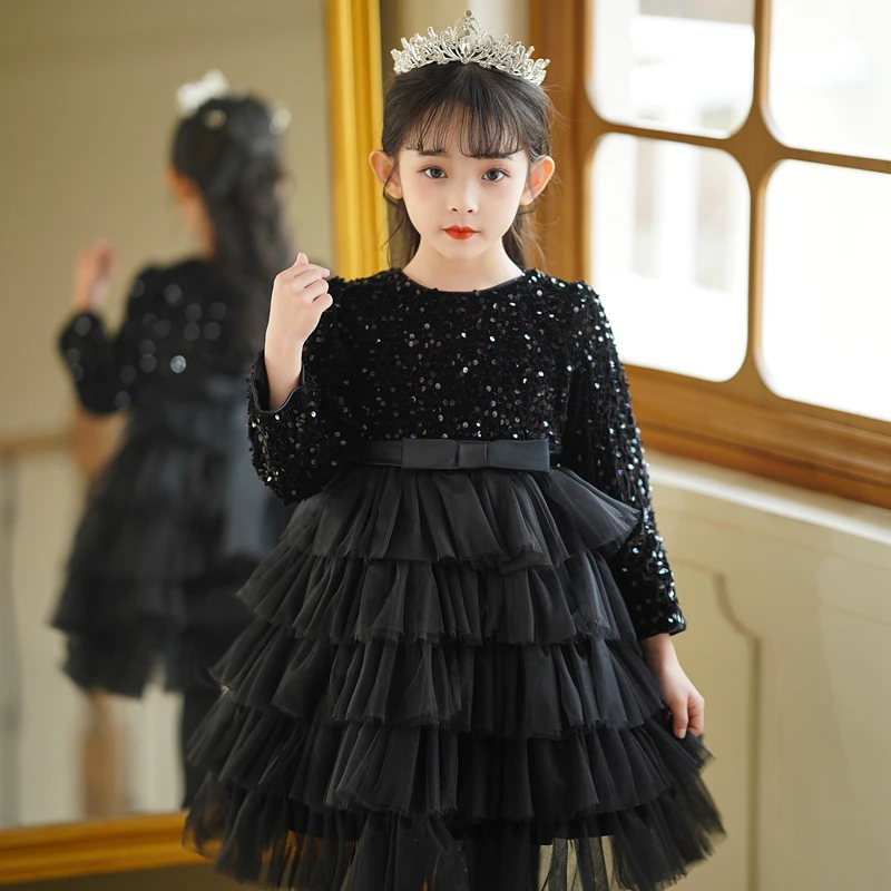 秋冬亮片公主裙【黑天鹅】主持人走秀女童蛋糕裙儿童洋气蓬蓬连衣裙