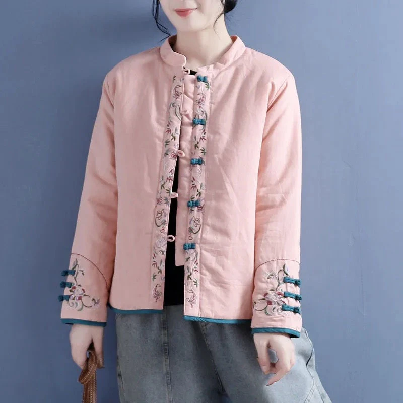 棉衣中国风文艺刺绣棉衣复古盘扣女秋冬中式国风女装开衫茶服棉袄