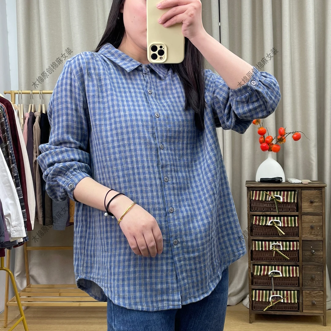 新款春秋宽松百搭休闲长袖春夏复古双层纱纯棉减龄小衫小格子衬衫