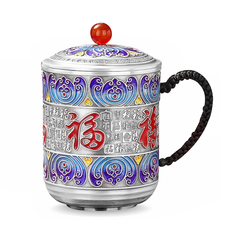 福恒金999足银口杯带盖大容量银杯纯手工百福珐琅彩银水杯350克