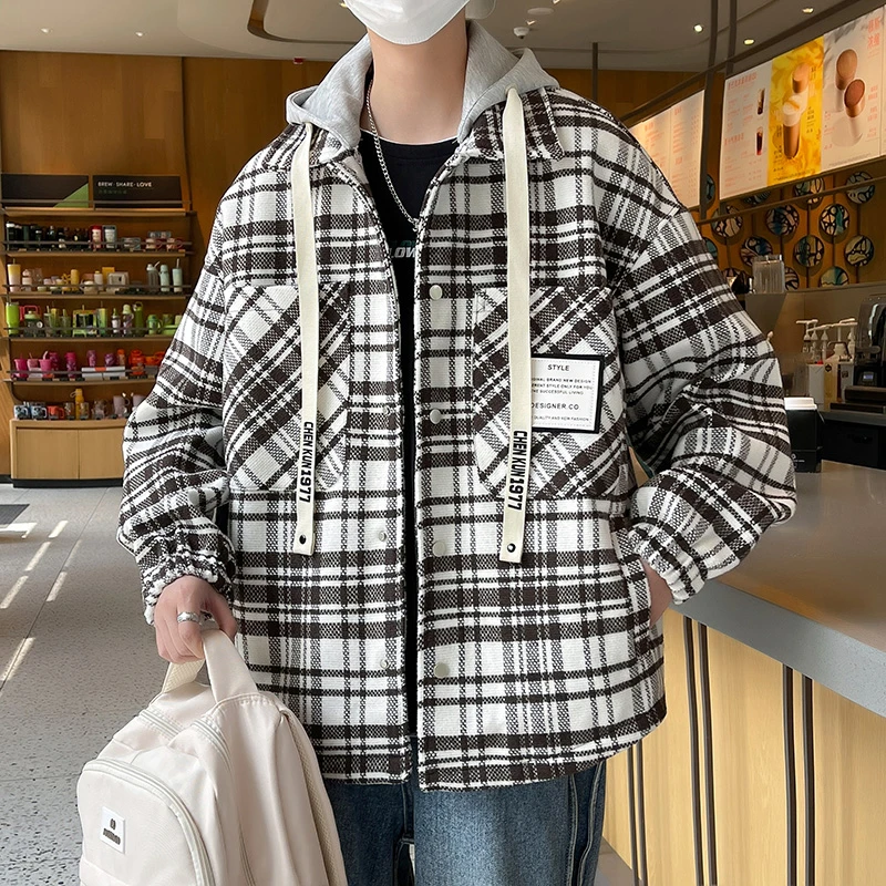 Mexican/稻草人秋季百搭格子外套韩系连帽假两件加棉港风棒球服男