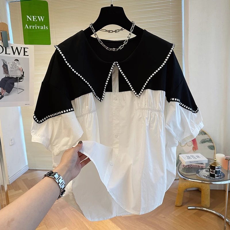 舒适感夏季新款大码女装上衣拼接款衬衫时尚气质减龄衬衣撞色宽松