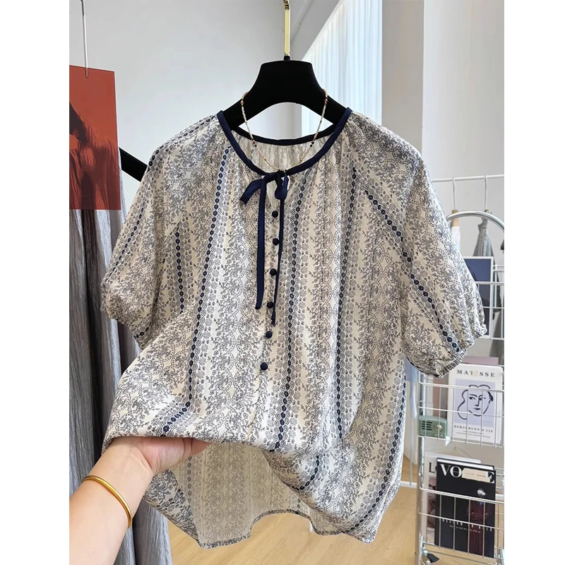 设计感印花碎花韩版短袖衬衫上衣女大版夏季新款娃娃衫衬衣洋气潮