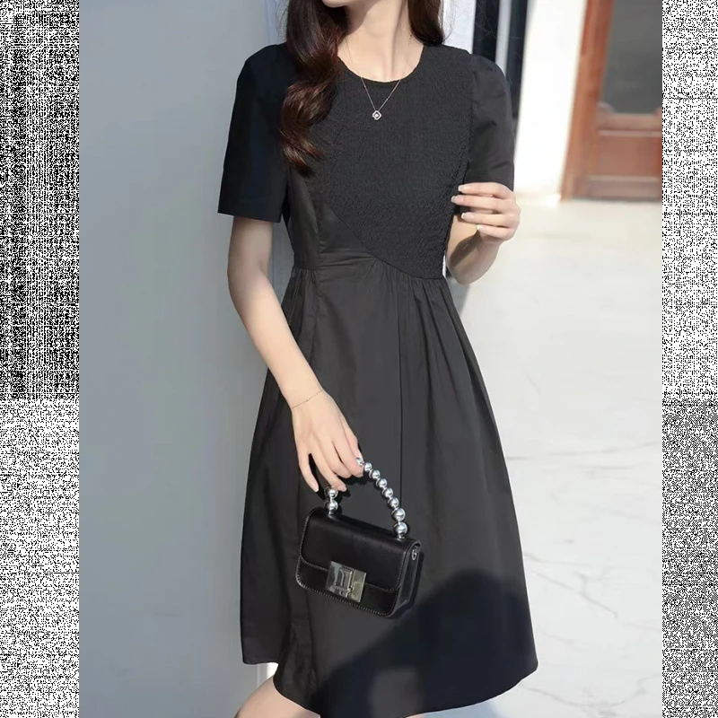 J080 时尚圆领不规则弹力拼接洋气显瘦气质轻奢法式连衣裙B4