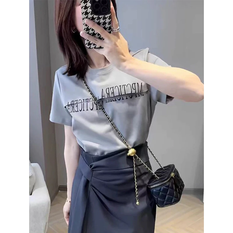 T31B 时尚圆领短袖上衣不规则开叉显瘦半裙洋气百搭套裙