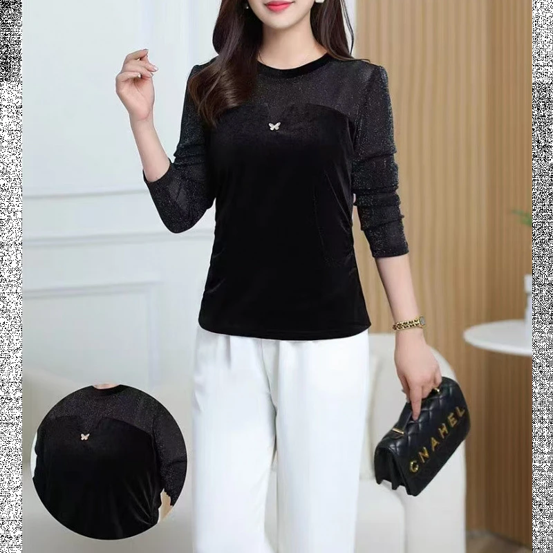 B021 春秋时尚圆领洋气拼接显瘦气质百搭小衫