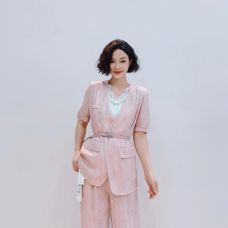 T183 时尚V领收腰显瘦垂顺洋气休闲气质轻熟两件套裤