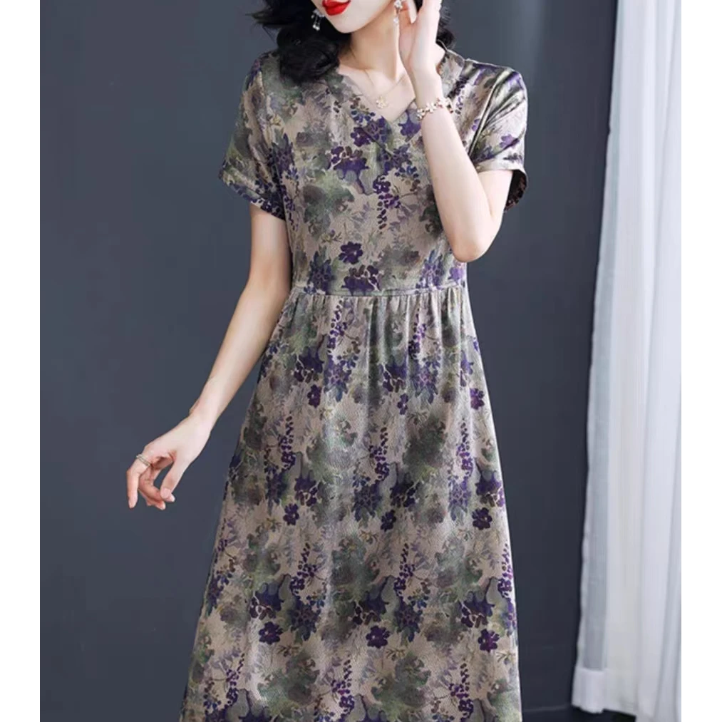 A312 时尚V领复古印花收腰显瘦连衣裙
