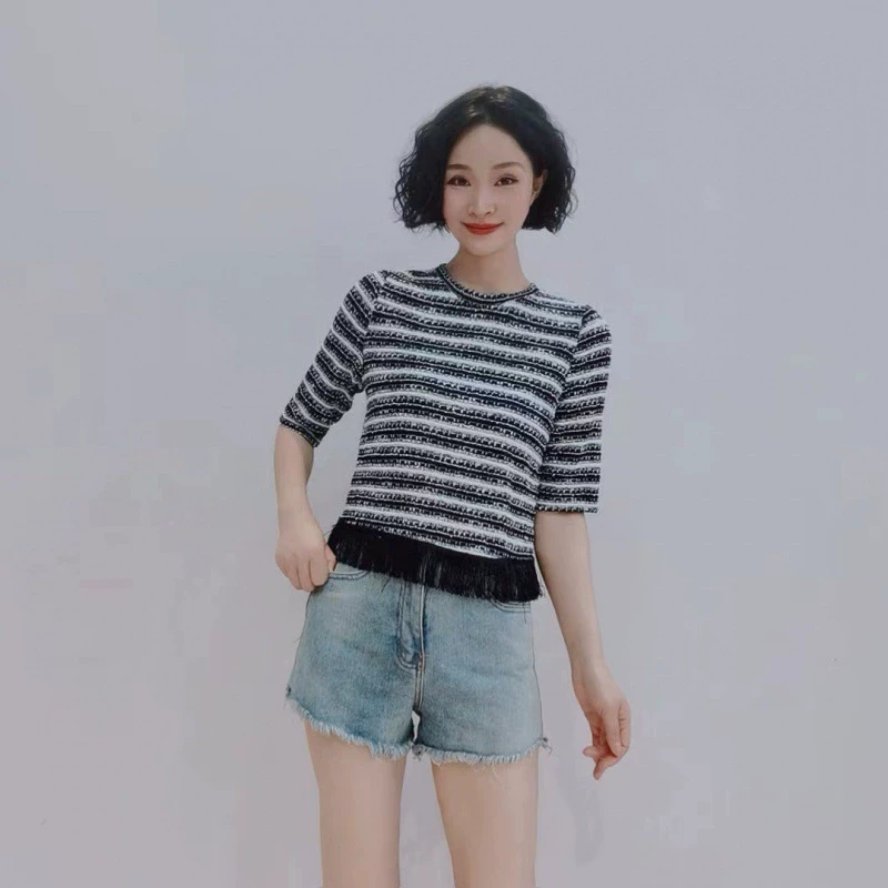 S573 夏季圆领撞色条纹编织流苏时尚显瘦百搭半袖小衫FS