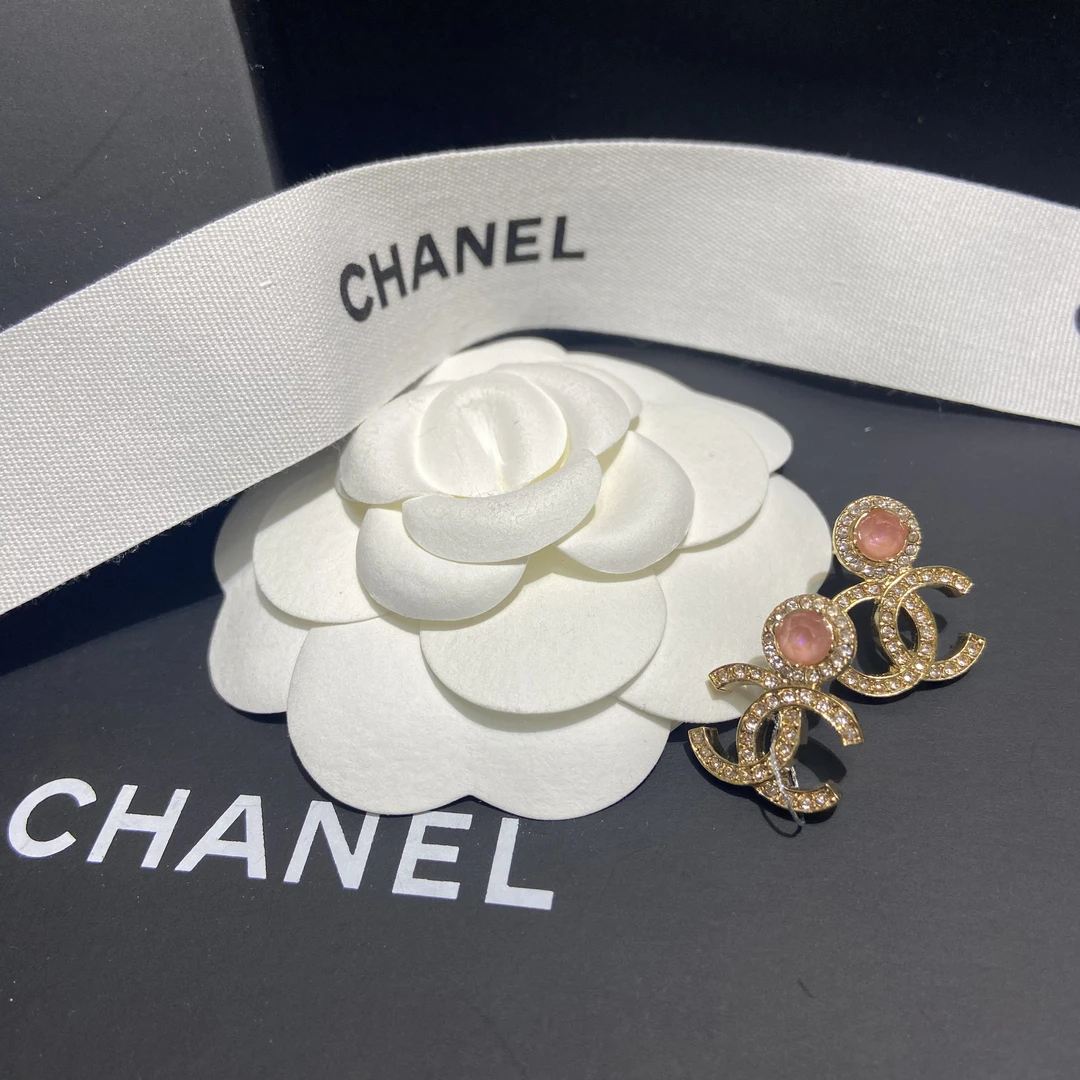 未使用 Chanel/香奈儿 素款 琉璃 满钻 粉香槟金水滴耳钉耳环