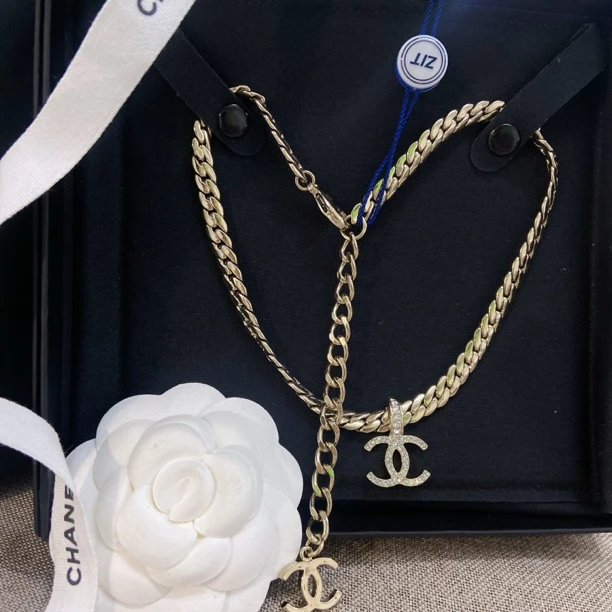 99新 Chanel/香奈儿 百搭款编织锁骨链复古香槟金满钻水钻项链24P