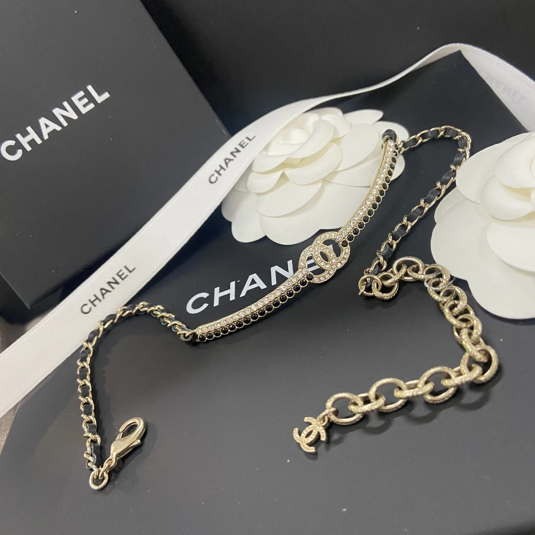 未使用 Chanel/香奈儿 时尚 经典 皮穿链 香槟金 黑金项链22B