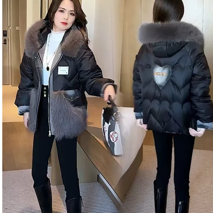 2024冬季新款时尚牛仔拼接保暖嘎嘎服外套#2398【衣长68】