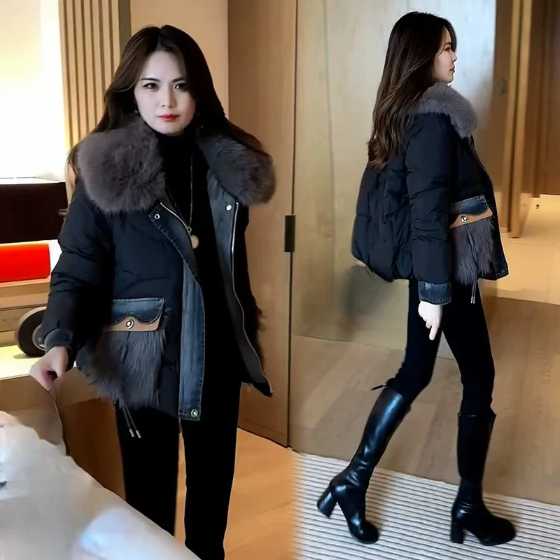 冬季新款洋气气质大毛领牛仔拼接嘎嘎服外套#lizhi【衣长70】