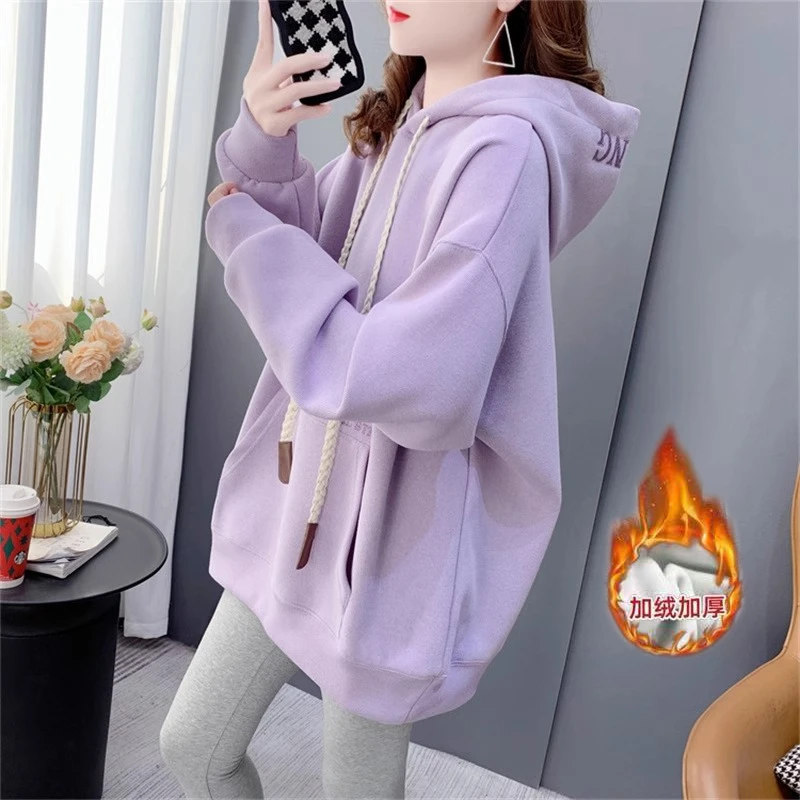秋冬加绒加厚带帽大码胖mm显瘦遮屁股纯棉卫衣外套女款慵懒风上衣