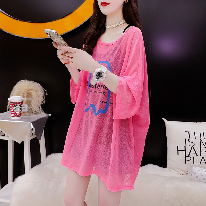 中长款冰丝短袖t恤女夏季2025年新款防晒衣宽松大码百搭薄款上衣