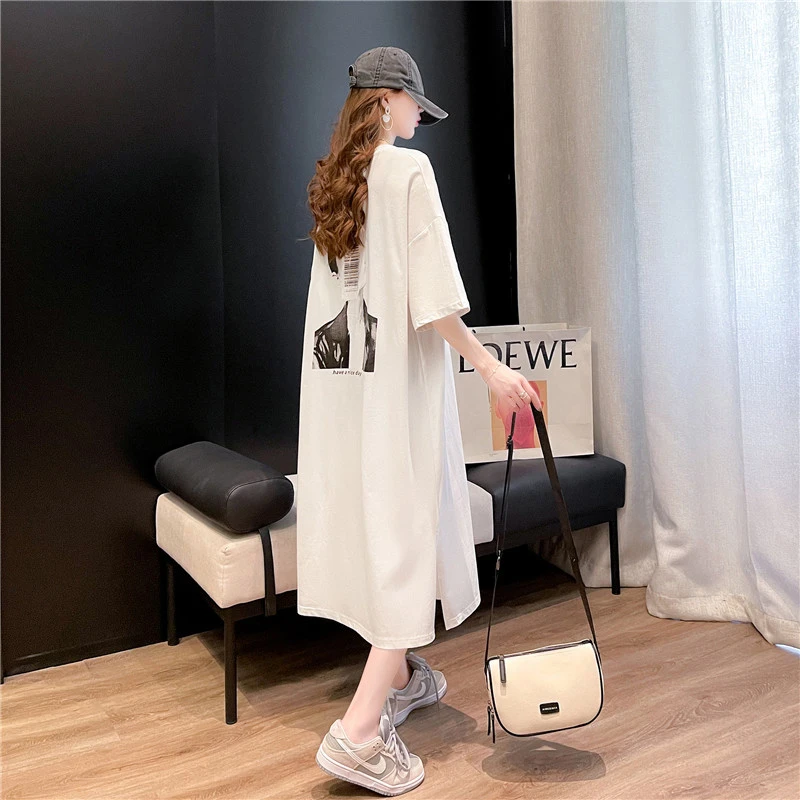 韩版宽松长款过膝短袖t恤女2025年新款夏季网红ins超火连衣裙上衣