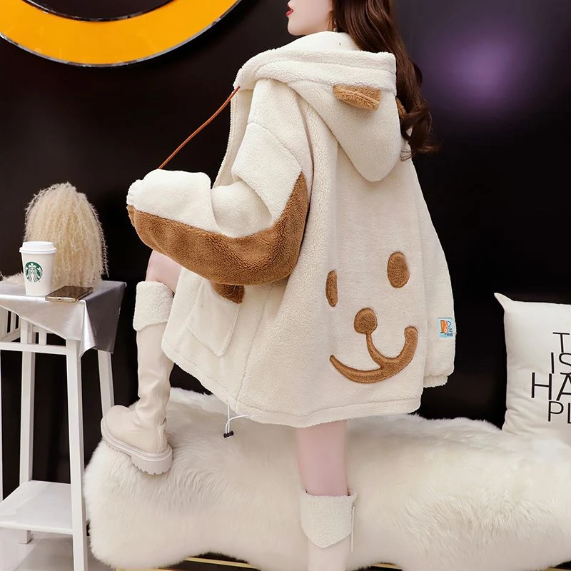 加绒加厚羊羔绒连帽卫衣女秋冬2025新款宽松百搭洋气减龄保暖外套