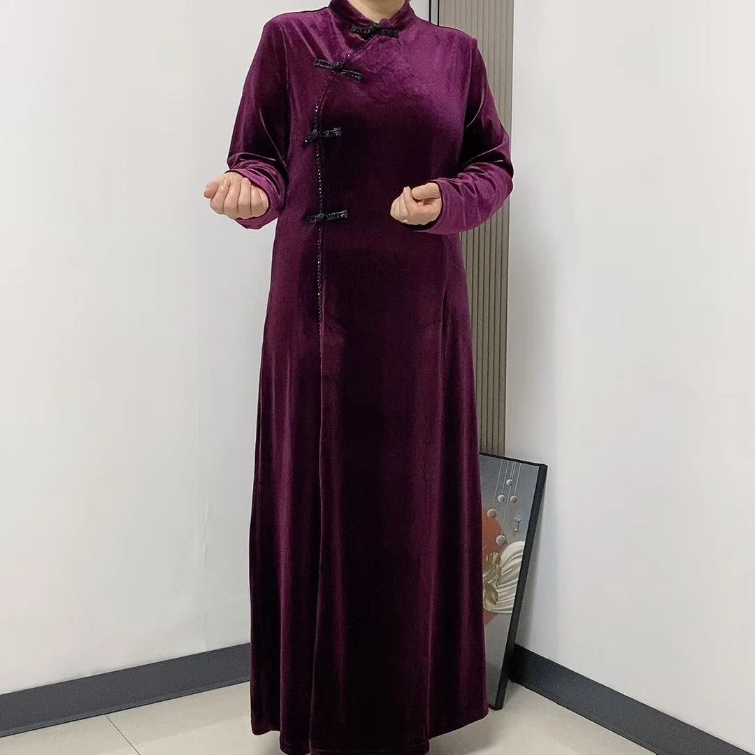 F1160秋季新款韩国绒偏巾旗袍长裙