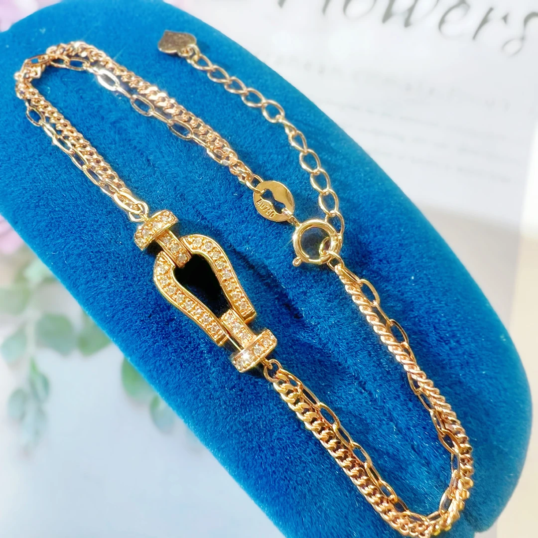 18K玫瑰金时尚复古气质经典简约个性满钻马蹄金手链