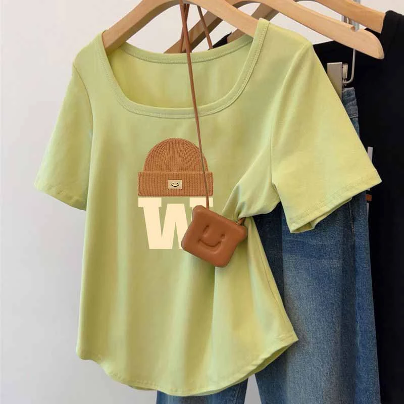 设计感不规则方领短袖t恤女正肩2025夏季新款宽松显瘦体恤衫ins