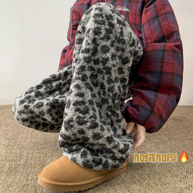 美式高街豹纹保暖休闲裤男秋冬潮牌加厚棉裤宽松直筒阔腿御寒裤子