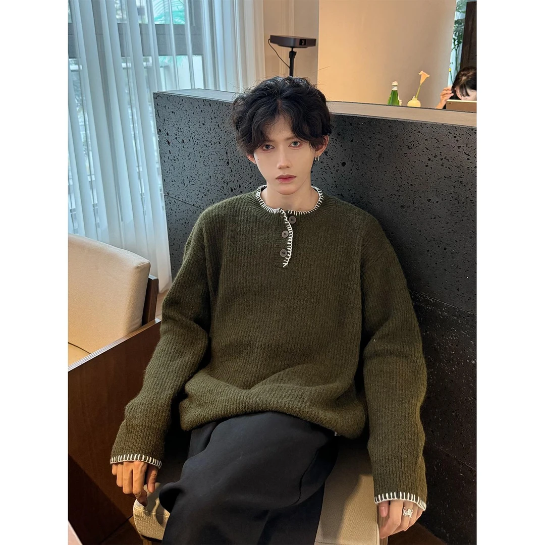 亨利领肌理毛衣针织衫外套男春秋美式复古潮牌慵懒风情侣宽松线衣