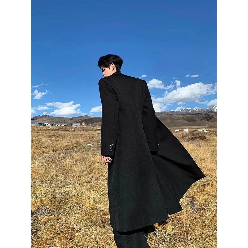 谢尔比黑色垫肩西装毛呢大衣外套男秋冬加厚潮牌长款过膝呢子风衣