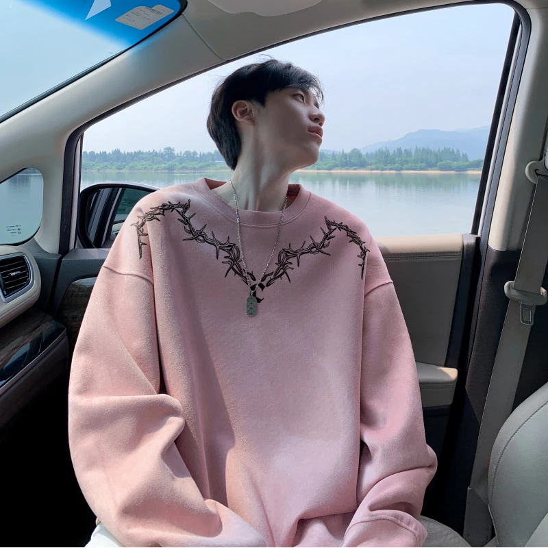 粉红色仿麂皮绒重磅圆领卫衣男春秋美式街头潮牌大码宽松中山外套